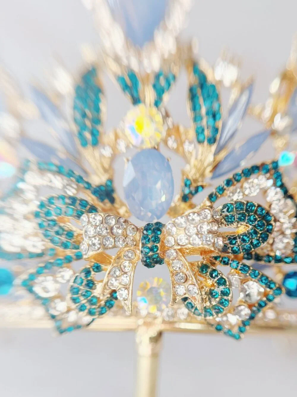Blue Crystal Tiara Crown, Gold Crystal Bridal Wedding Pageant Prom Headpiece
